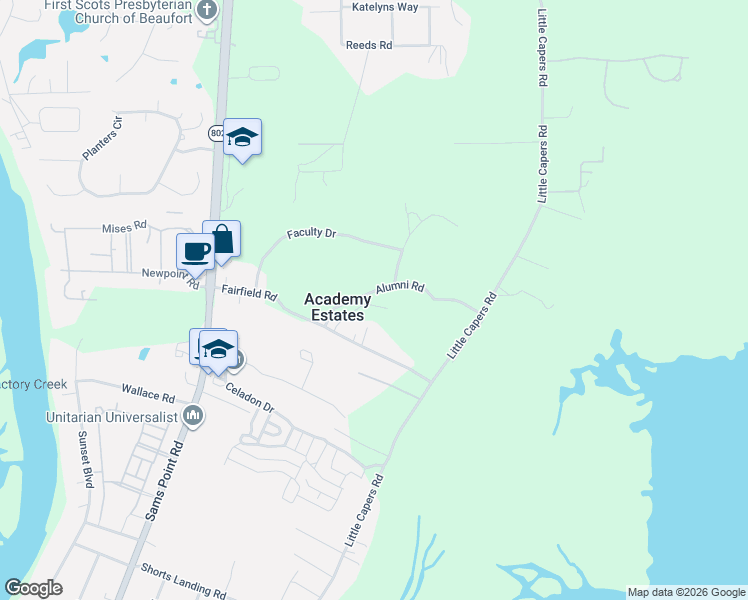 map of restaurants, bars, coffee shops, grocery stores, and more near 14 Alumni Road in Beaufort