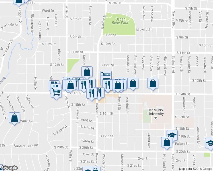 map of restaurants, bars, coffee shops, grocery stores, and more near 1398 Matador St in Abilene