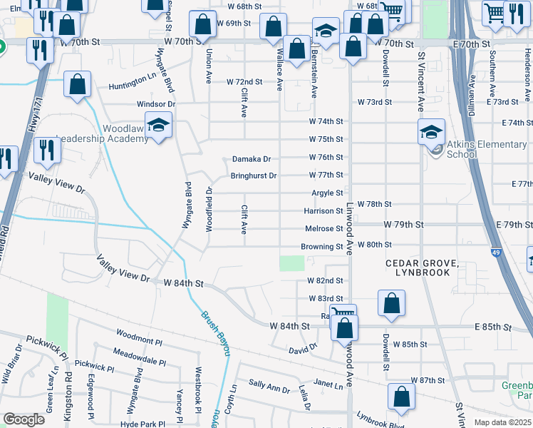 map of restaurants, bars, coffee shops, grocery stores, and more near 609 Harrison Street in Shreveport