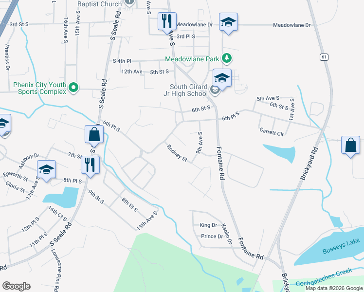 map of restaurants, bars, coffee shops, grocery stores, and more near 710 Lawrence Court in Phenix City