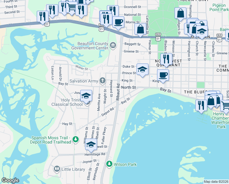 map of restaurants, bars, coffee shops, grocery stores, and more near 514 Ribaut Road in Beaufort