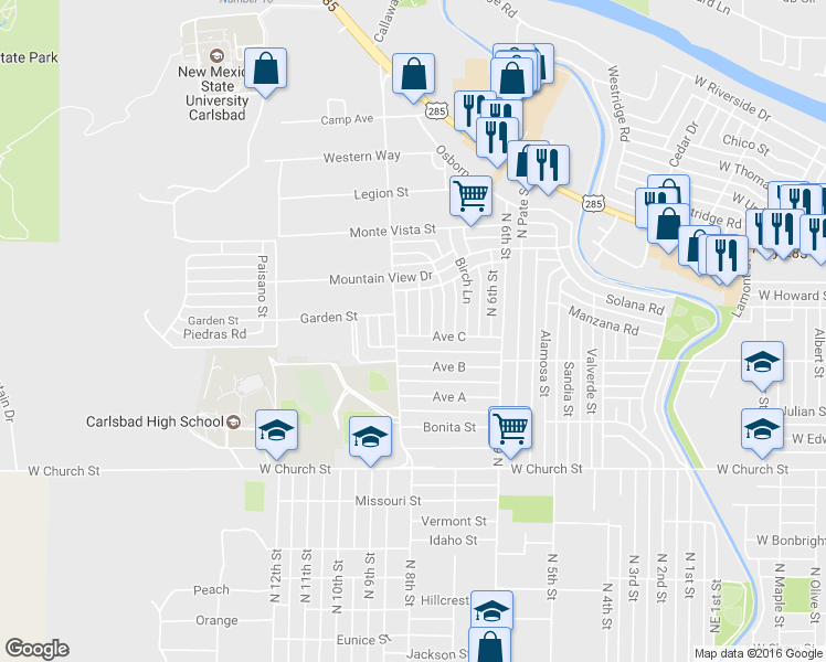 map of restaurants, bars, coffee shops, grocery stores, and more near 1001 Dogwood Lane in Carlsbad