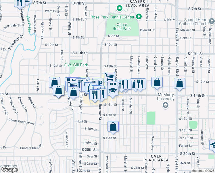 map of restaurants, bars, coffee shops, grocery stores, and more near 1345 Barrow Street in Abilene