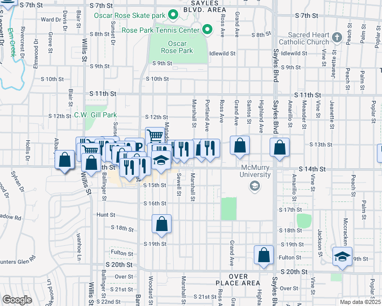 map of restaurants, bars, coffee shops, grocery stores, and more near 1334 Marshall Street in Abilene
