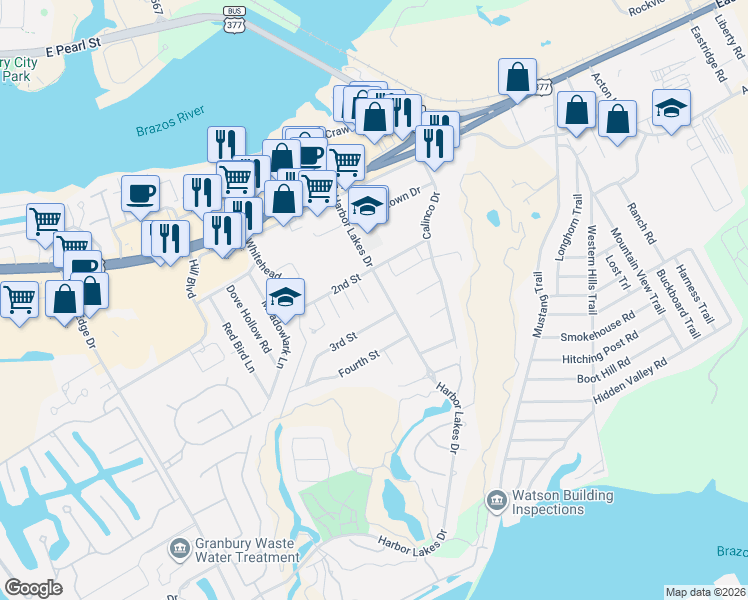 map of restaurants, bars, coffee shops, grocery stores, and more near 1012 Teresa Court in Granbury