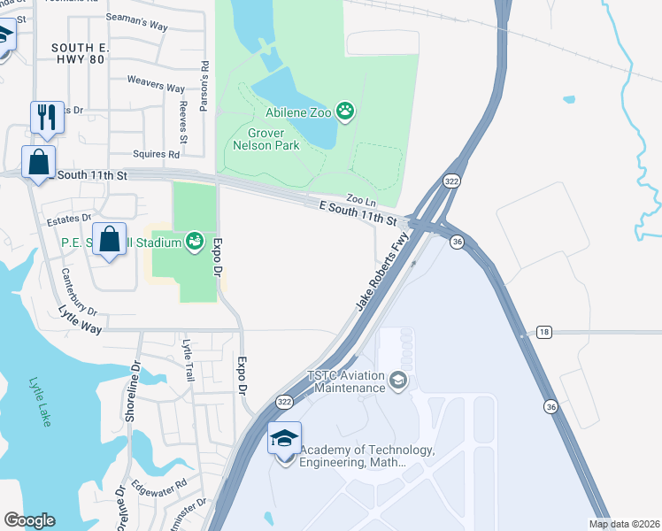 map of restaurants, bars, coffee shops, grocery stores, and more near Loop 322 in Abilene