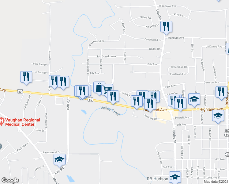 map of restaurants, bars, coffee shops, grocery stores, and more near Valley Creek Cir in Selma