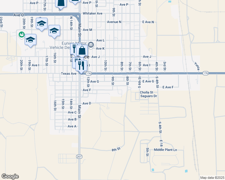 map of restaurants, bars, coffee shops, grocery stores, and more near 801 Avenue F in Eunice