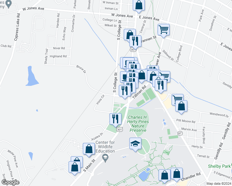 map of restaurants, bars, coffee shops, grocery stores, and more near 19 Tillman Street in Statesboro