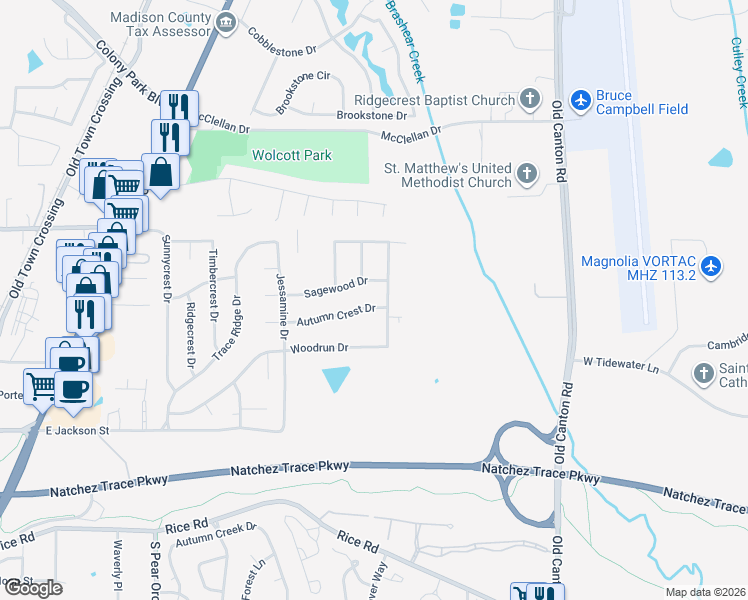 map of restaurants, bars, coffee shops, grocery stores, and more near 325 Woodrun Drive in Ridgeland