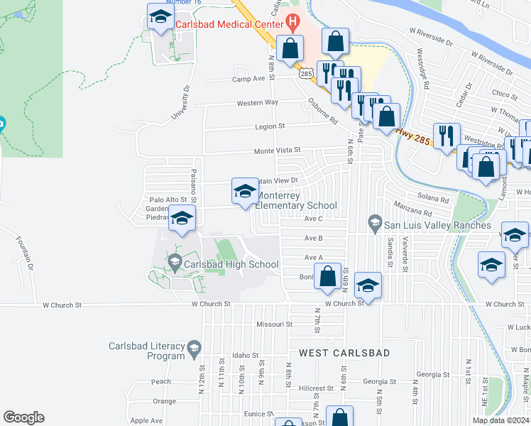 map of restaurants, bars, coffee shops, grocery stores, and more near 2516 Spruill Drive in Carlsbad