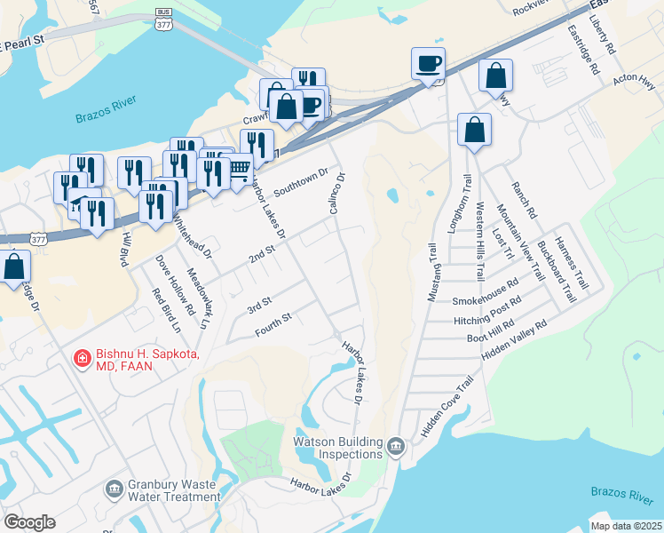 map of restaurants, bars, coffee shops, grocery stores, and more near 1504 Saddle Creek Court in Granbury