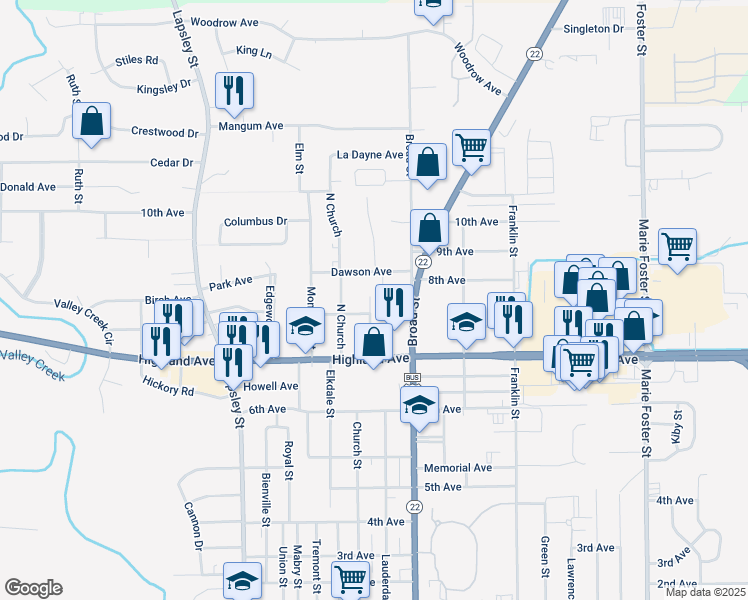 map of restaurants, bars, coffee shops, grocery stores, and more near 2416 Lauderdale Street in Selma