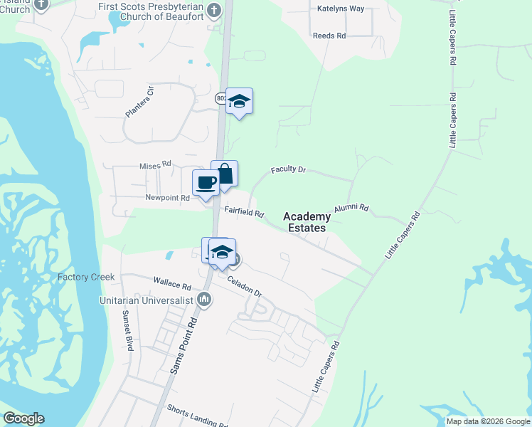 map of restaurants, bars, coffee shops, grocery stores, and more near 36 Fairfield Road in Beaufort