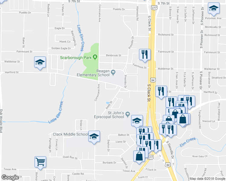 map of restaurants, bars, coffee shops, grocery stores, and more near 11 Reagan Circle in Abilene