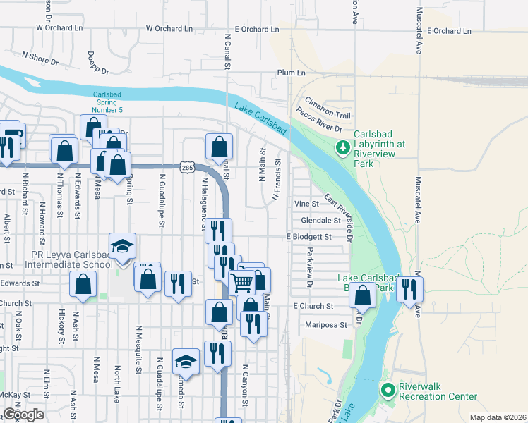 map of restaurants, bars, coffee shops, grocery stores, and more near 1006 North Main Street in Carlsbad