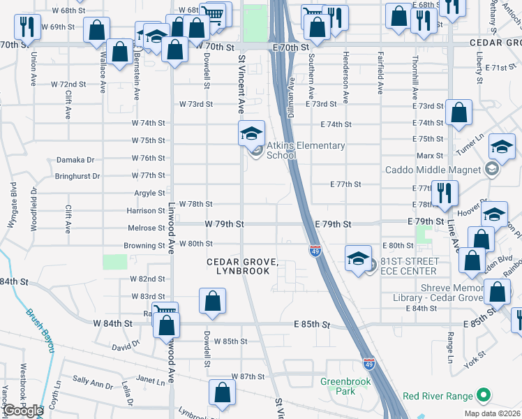 map of restaurants, bars, coffee shops, grocery stores, and more near 145 West 78th Street in Shreveport