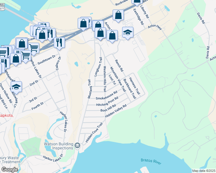 map of restaurants, bars, coffee shops, grocery stores, and more near 1809 Pioneer Road in Granbury