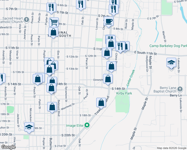 map of restaurants, bars, coffee shops, grocery stores, and more near 1397 Pecan Street in Abilene