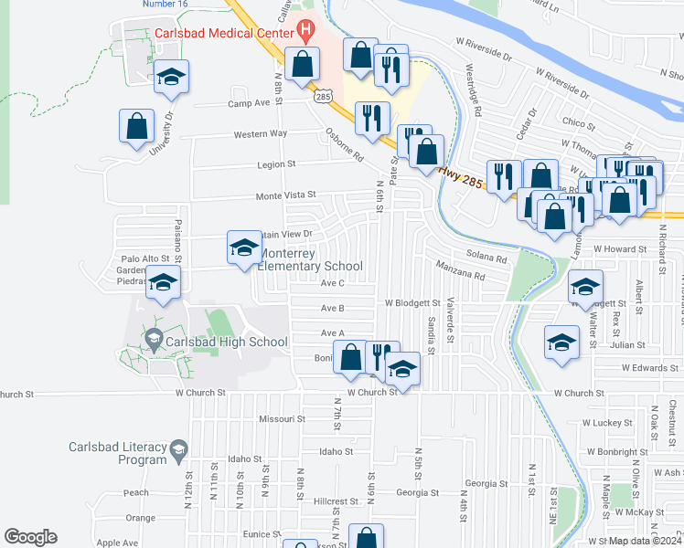 map of restaurants, bars, coffee shops, grocery stores, and more near 1003 Birch Lane in Carlsbad