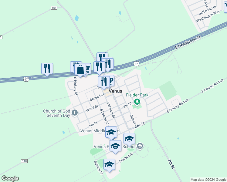 map of restaurants, bars, coffee shops, grocery stores, and more near 202 South Main Street in Venus