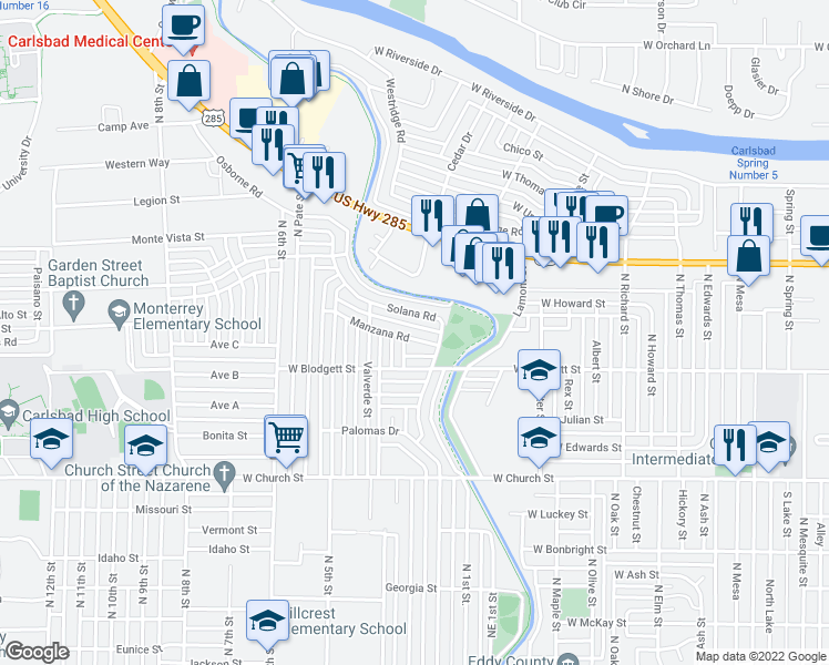 map of restaurants, bars, coffee shops, grocery stores, and more near 1812 Manzana Road in Carlsbad