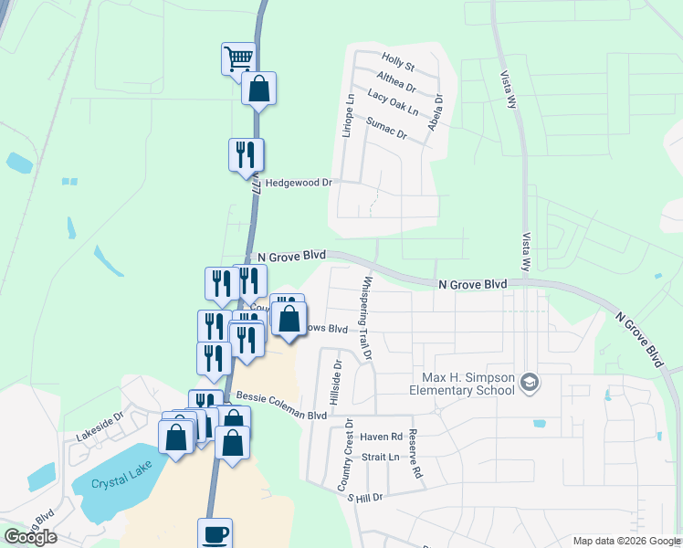 map of restaurants, bars, coffee shops, grocery stores, and more near 1854 Riviera Drive in Waxahachie
