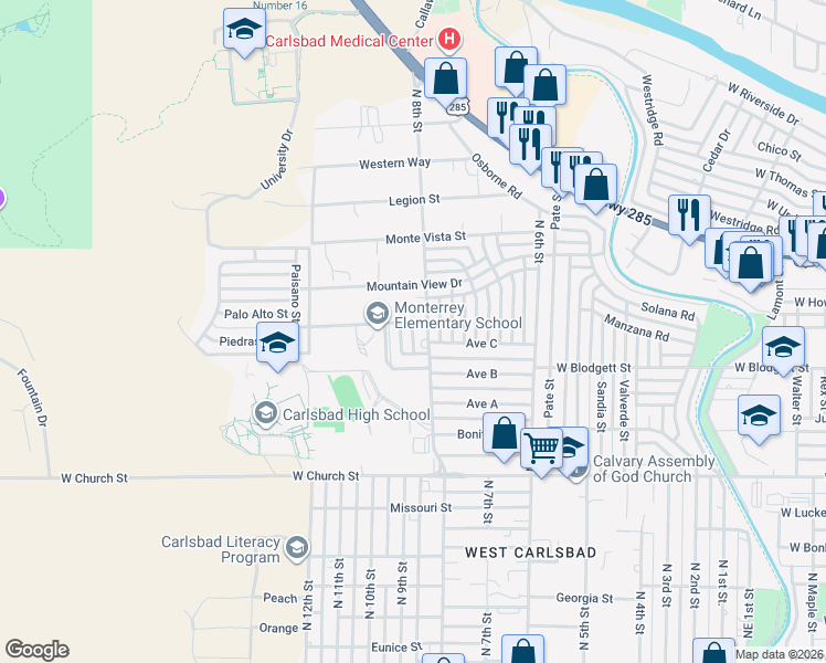 map of restaurants, bars, coffee shops, grocery stores, and more near 1005 North 8th Street in Carlsbad