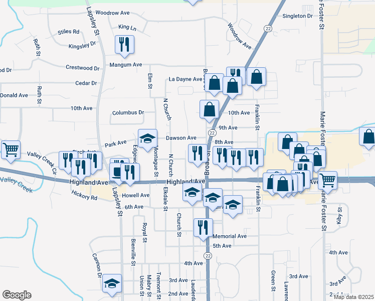 map of restaurants, bars, coffee shops, grocery stores, and more near 2416 Lauderdale Street in Selma