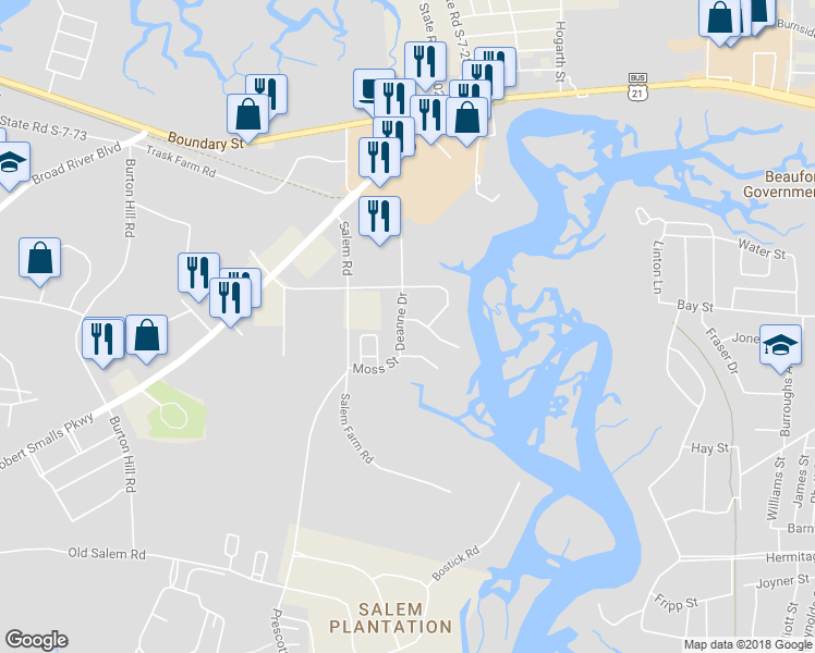 map of restaurants, bars, coffee shops, grocery stores, and more near 2202 Spanish Court in Beaufort