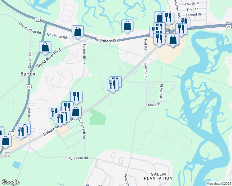 map of restaurants, bars, coffee shops, grocery stores, and more near 109 Robert Smalls Parkway in Beaufort