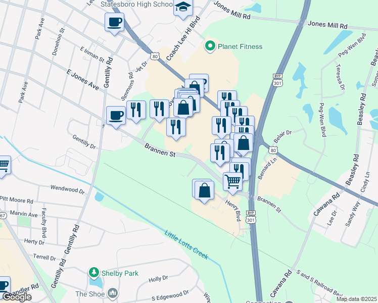 map of restaurants, bars, coffee shops, grocery stores, and more near Brannen Street in Statesboro