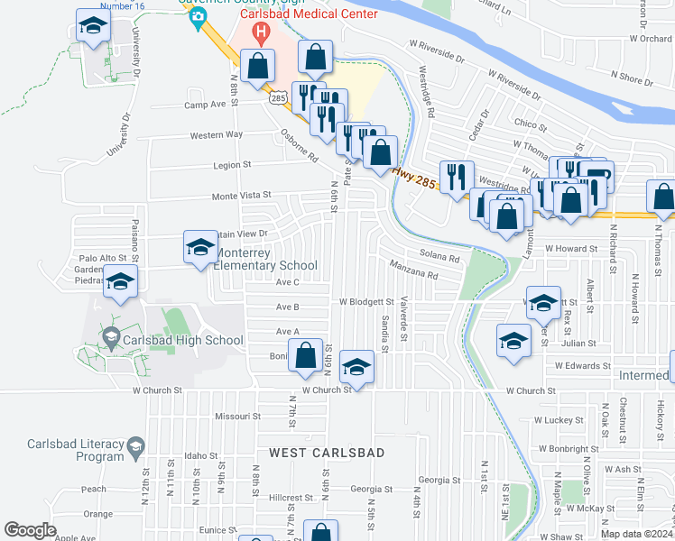map of restaurants, bars, coffee shops, grocery stores, and more near 1013 North Pate Street in Carlsbad