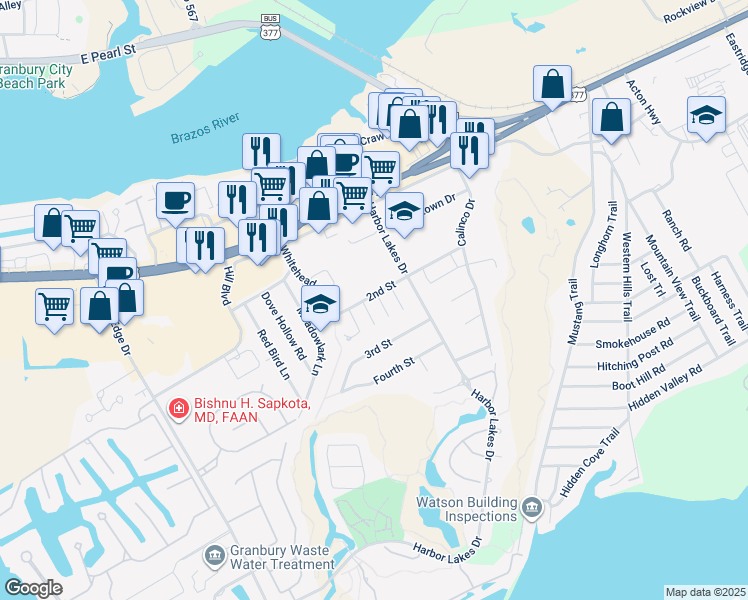 map of restaurants, bars, coffee shops, grocery stores, and more near 1000 Dawn Court in Granbury