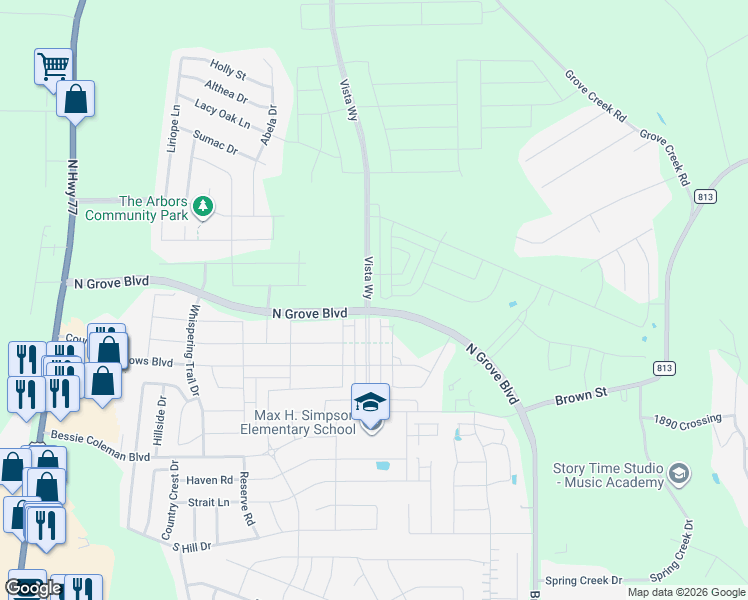map of restaurants, bars, coffee shops, grocery stores, and more near 1745 Vista Way in Waxahachie
