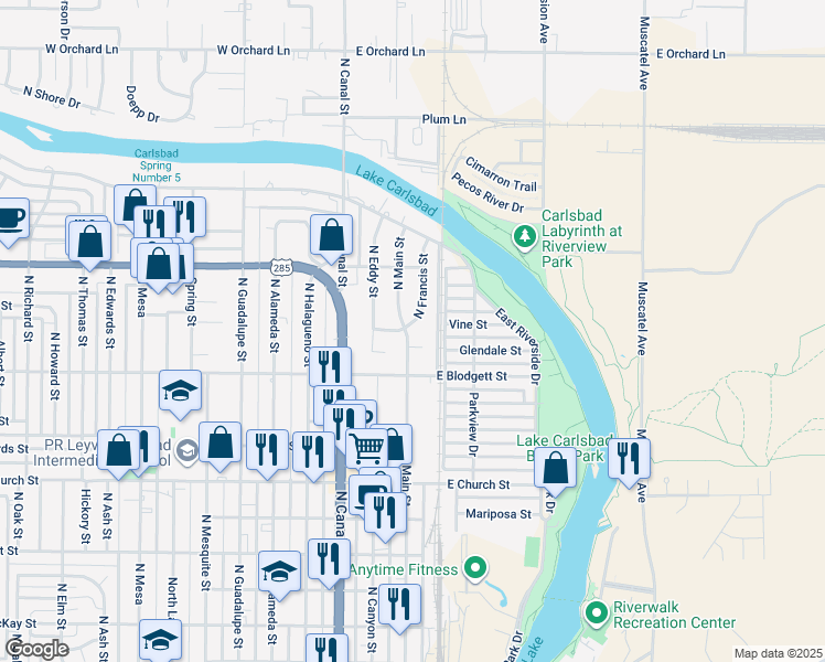 map of restaurants, bars, coffee shops, grocery stores, and more near 1022 North Main Street in Carlsbad