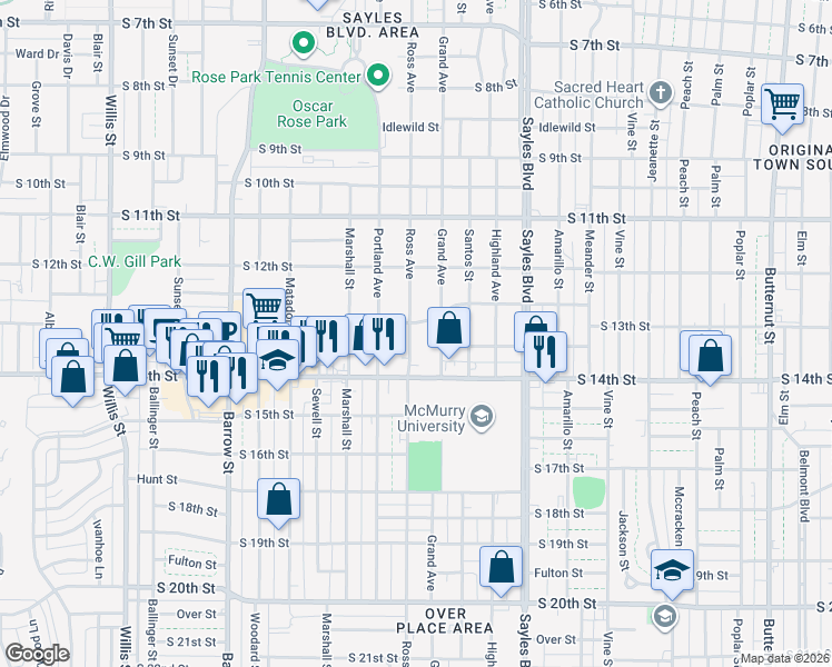 map of restaurants, bars, coffee shops, grocery stores, and more near 1342 Ross Avenue in Abilene