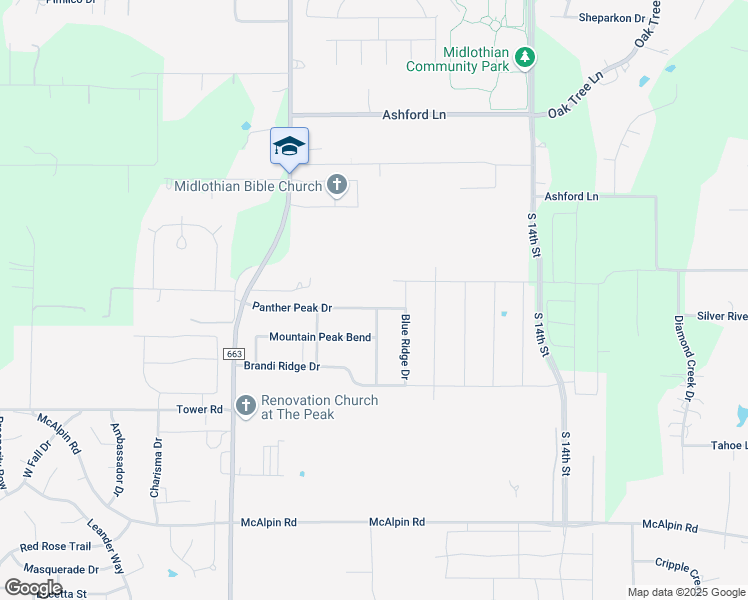 map of restaurants, bars, coffee shops, grocery stores, and more near 418 Panther Peak Drive in Midlothian