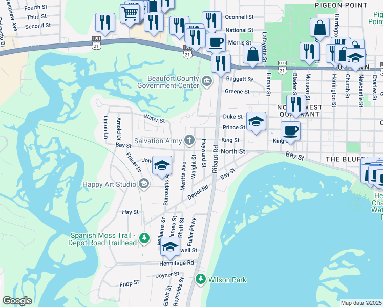 map of restaurants, bars, coffee shops, grocery stores, and more near 2502 North Street in Beaufort
