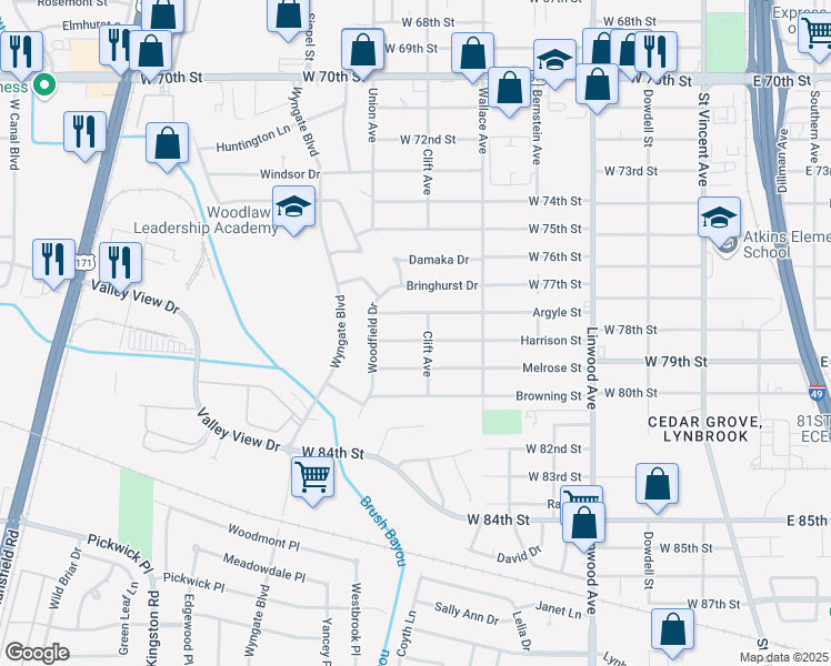 map of restaurants, bars, coffee shops, grocery stores, and more near 712 Harrison Street in Shreveport