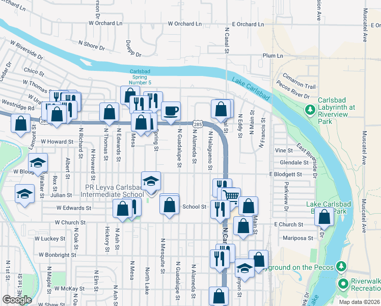 map of restaurants, bars, coffee shops, grocery stores, and more near 1007 N Alameda St in Carlsbad