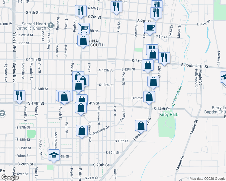 map of restaurants, bars, coffee shops, grocery stores, and more near 1389 Oak Street in Abilene