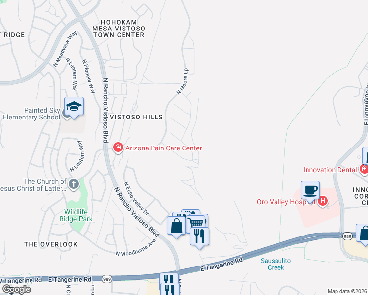 map of restaurants, bars, coffee shops, grocery stores, and more near 12436 North Mount Bigelow Road in Oro Valley