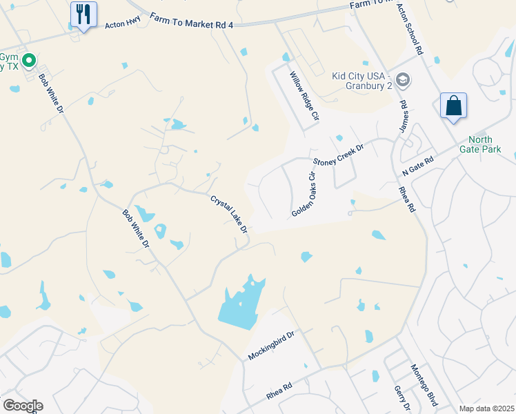 map of restaurants, bars, coffee shops, grocery stores, and more near 4602 Stoney Creek Drive in Granbury