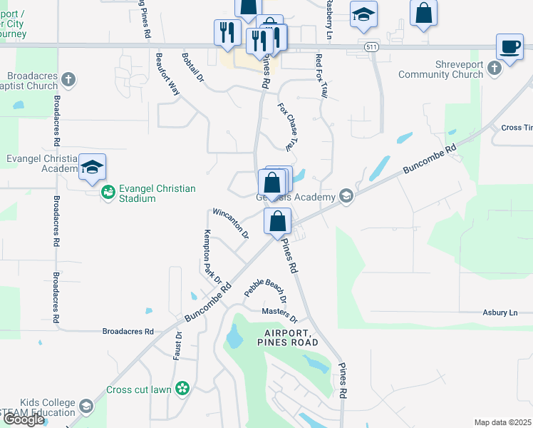 map of restaurants, bars, coffee shops, grocery stores, and more near 7702 Pines Road in Shreveport
