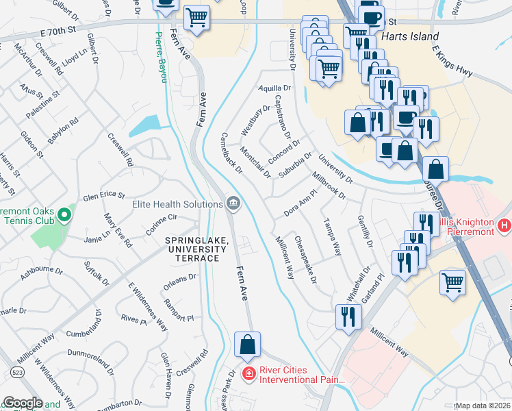 map of restaurants, bars, coffee shops, grocery stores, and more near 7506 Camelback Drive in Shreveport