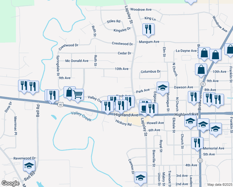 map of restaurants, bars, coffee shops, grocery stores, and more near Crepe Myrtle Street in Selma