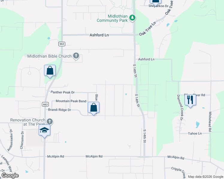 map of restaurants, bars, coffee shops, grocery stores, and more near 4613 Rambler Way in Midlothian