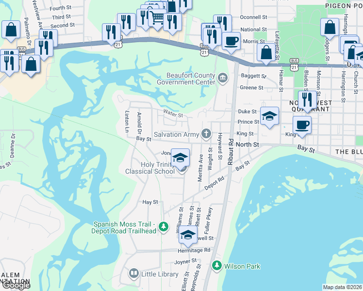 map of restaurants, bars, coffee shops, grocery stores, and more near 2707 Jones Avenue in Beaufort