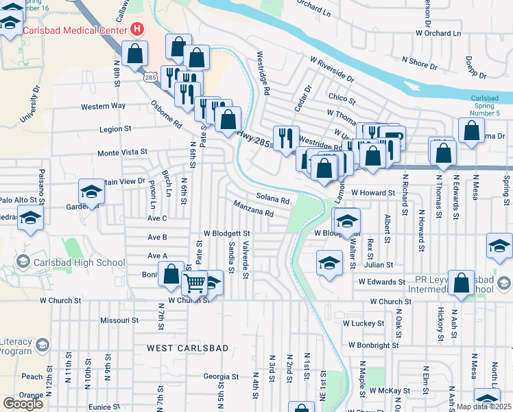 map of restaurants, bars, coffee shops, grocery stores, and more near 1906 Manzana Road in Carlsbad
